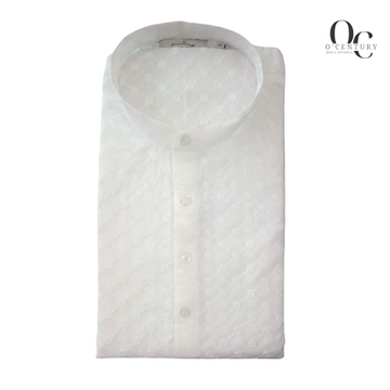 White Textured Long Kurta for Men with Mandarin Collar Subtle Geometric Pattern