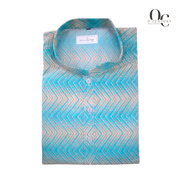 Men's Turquoise Blue Printed Slub Kurta with Geometric Pattern