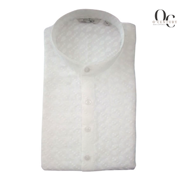 Men's White Textured Long Kurta with Subtle Raised Motifs