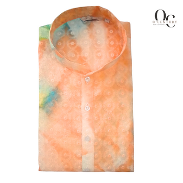 Men's Giza Cotton Long Kurta Multicolor Tie-Dye with Embroidered Circular Motifs