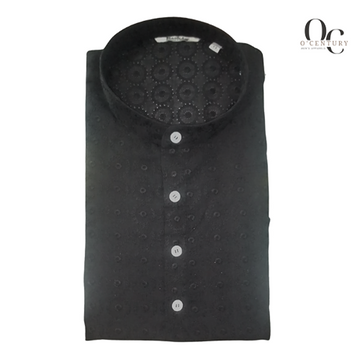 Black Slub Textured Kurta with Subtle Circular Embroidery Artisanal Elegance for Men
