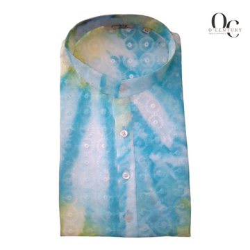 Giza Cotton Men's Long Kurta in Ocean Teal with Tie-Dye Print