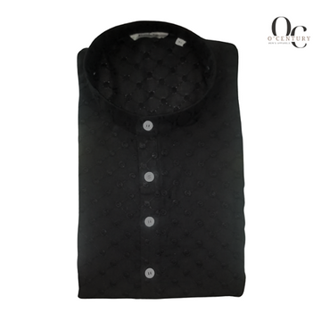 Black Circular Slub Textured Long Kurta for Men