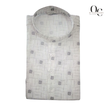 White Long Kurta for Men with Subtle Grey Grid Pattern