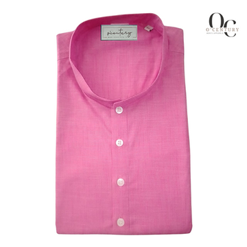 Men's Pink Long Kurta with Slub Texture and Mandarin Collar