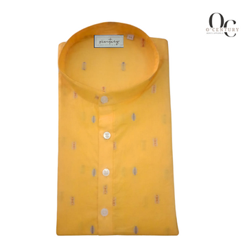 Men's Sunshine Yellow Butta Kurta with Mandarin Collar Festive & Lightweight