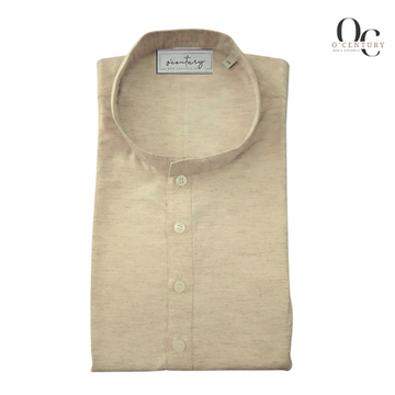 Sandy Beige Men's Long Kurta Giza Bamboo Blend, Textured Plain Weave
