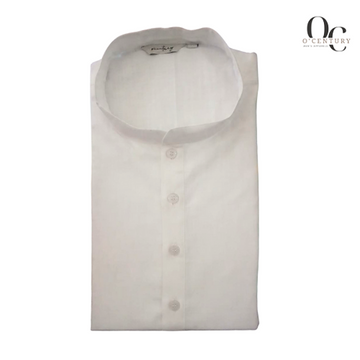 Men's White Textured Long Kurta with Mandarin Collar