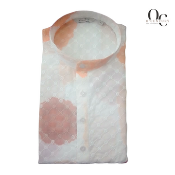 Men's White Giza Cotton Textured Kurta with Orange & Peach Abstract Accents