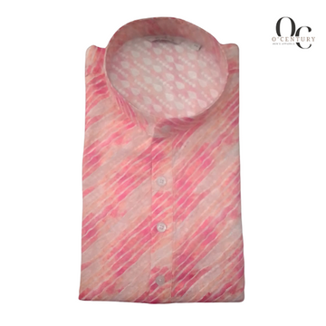 Men's Long Kurta in Pink with White Diagonal Slub Stripes
